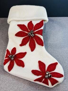 Off White Knit Christmas Stocking Red Poinsettia Flowers Silver Jingle Bells 17"